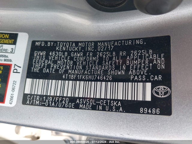 Toyota CAMRY SE 2017 4T1BF1FK6HU746426 Image 9