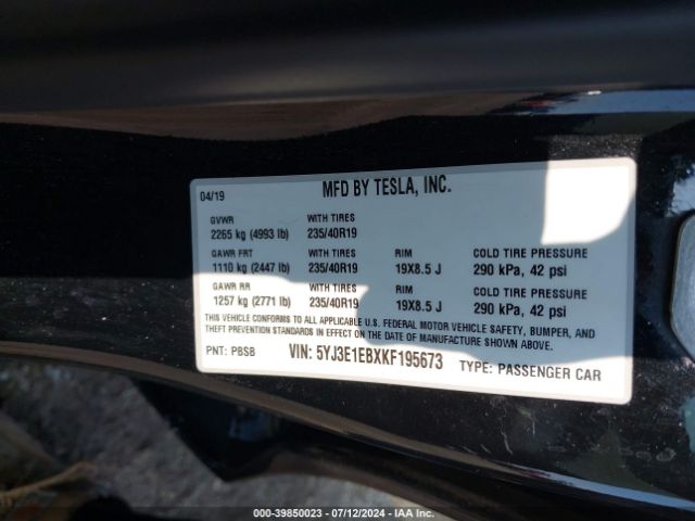 5YJ3E1EBXKF195673 Tesla Model 3 Long Range/performance
