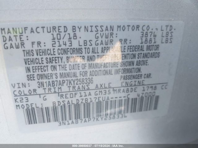 3N1AB7AP7KY258336 Nissan SENTRA SV