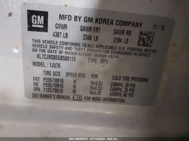 KL7CJNSB5GB580119 Chevrolet Trax 1ls