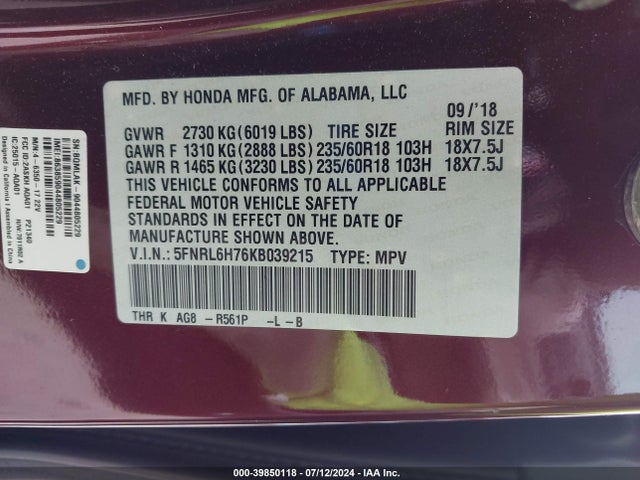 Honda Odyssey Ex-l 2019 5FNRL6H76KB039215 Image 9