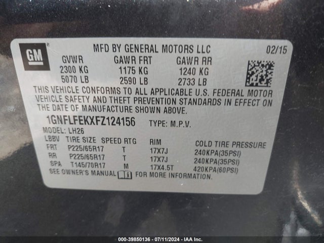 Chevrolet EQUINOX 1LT 2015 1GNFLFEKXFZ124156 Image 9