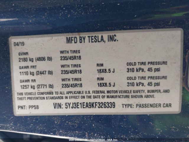 5YJ3E1EA9KF326339 Tesla Model 3 Long Range/mid Range/standard Range/standard Range Plus