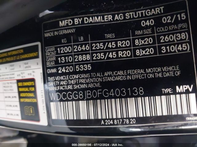 WDCGG8JB0FG403138 Mercedes-Benz Glk 350 4matic