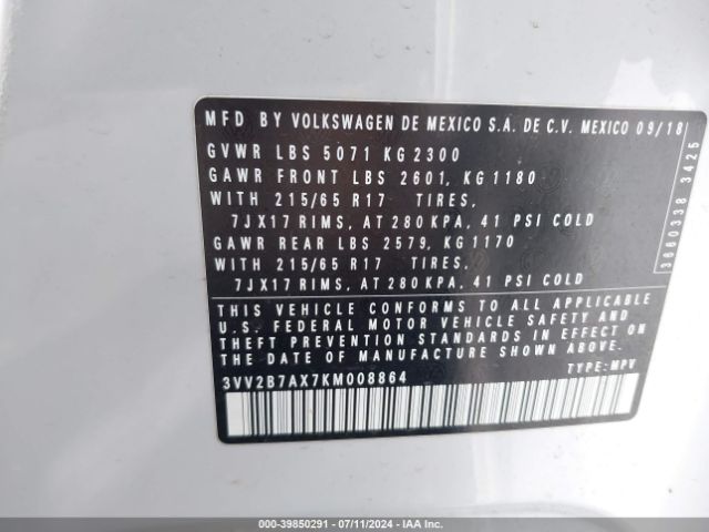 3VV2B7AX7KM008864 Volkswagen Tiguan 2.0t Se/2.0t Sel/2.0t Sel R-line/2.0t Sel R-line Black