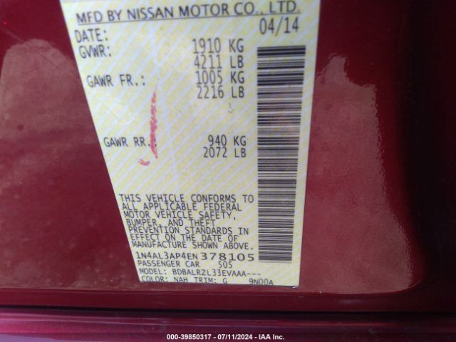 1N4AL3AP4EN378105 Nissan Altima 2.5/2.5 S/2.5 Sl/2.5 Sv