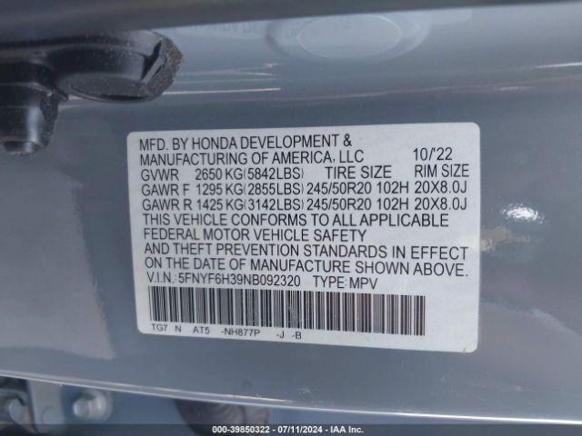 5FNYF6H39NB092320 Honda Pilot Awd Sport
