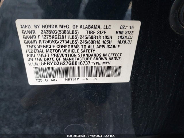 5FRYD3H27GB016737 Acura Mdx Acurawatch Plus Package