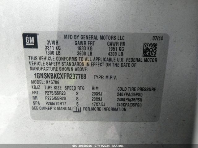 1GNSKBKCXFR237788 Chevrolet Tahoe Lt
