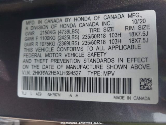 2020 HONDA CR-V 2HKRW2H5XLH694527 Photo 8