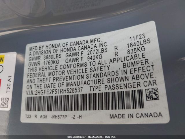 2HGFE2F51RH528537 Honda Civic Sport