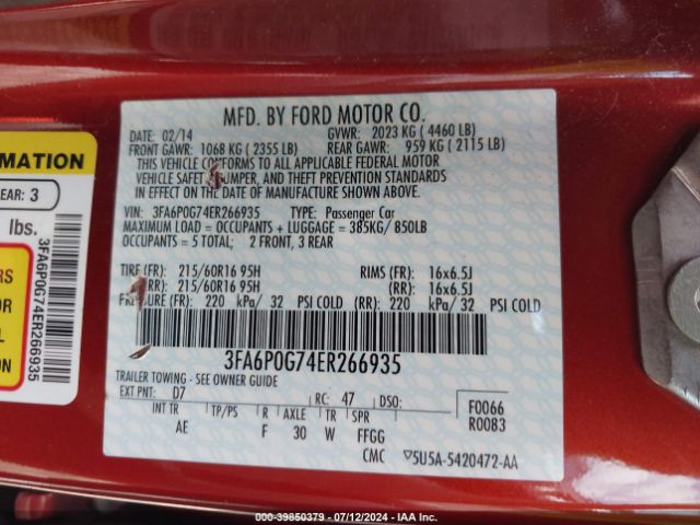 3FA6P0G74ER266935 Ford FUSION S