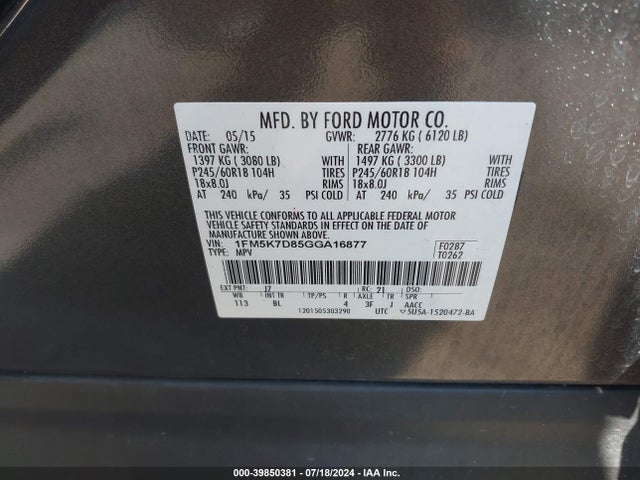 Ford EXPLORER XLT 2016 1FM5K7D85GGA16877 Image 9