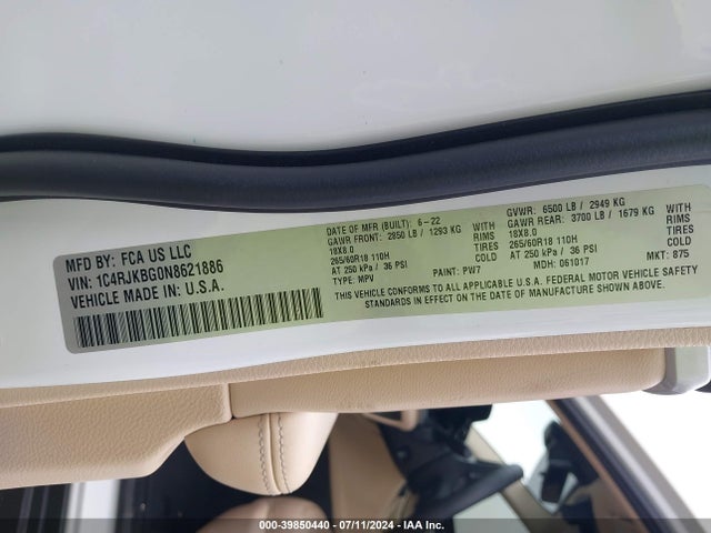 1C4RJKBG0N8621886 Jeep Grand Cherokee L Limited 4x4