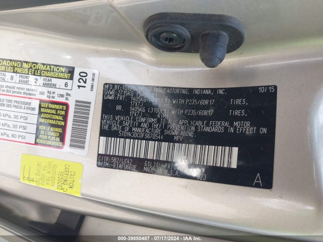 Toyota Sienna Xle 8 Passenger 2015 5TDYK3DC0FS670544 Image 9