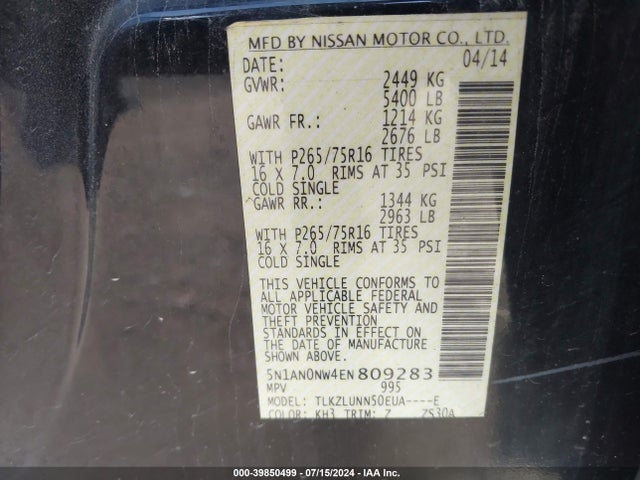 Nissan Xterra Pro-4x 2014 5N1AN0NW4EN809283 Image 9