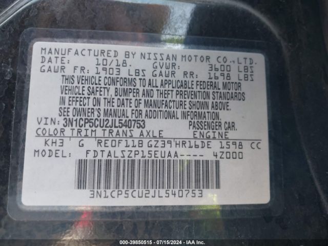 3N1CP5CU2JL540753 Nissan KICKS SV