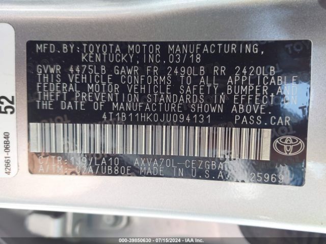 4T1B11HK0JU094131 Toyota CAMRY XLE