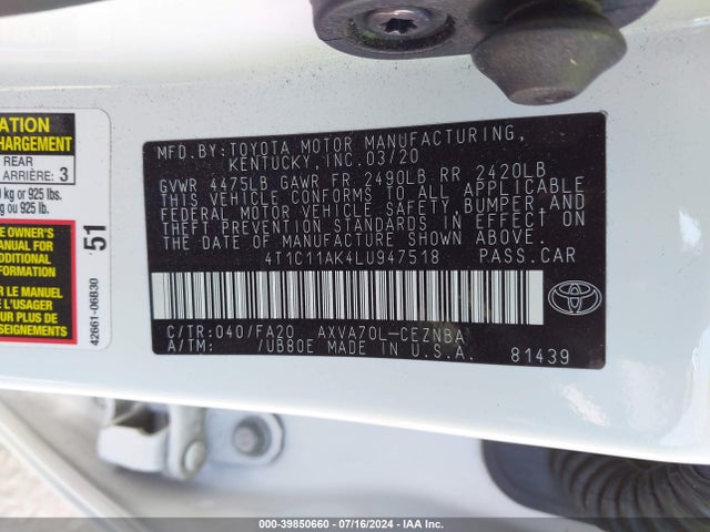Toyota CAMRY LE 2020 4T1C11AK4LU947518 Image 9