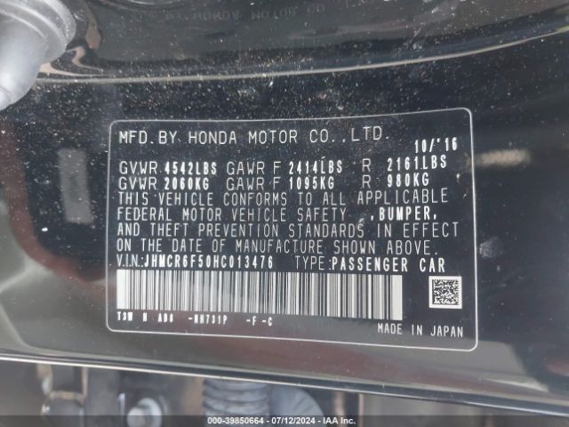 JHMCR6F50HC013476 Honda Accord Hybrid Ex-l