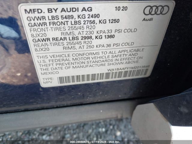 WA1BAAFY1M2013546 Audi Q5 Premium Plus 45 Tfsi Quattro S Tronic