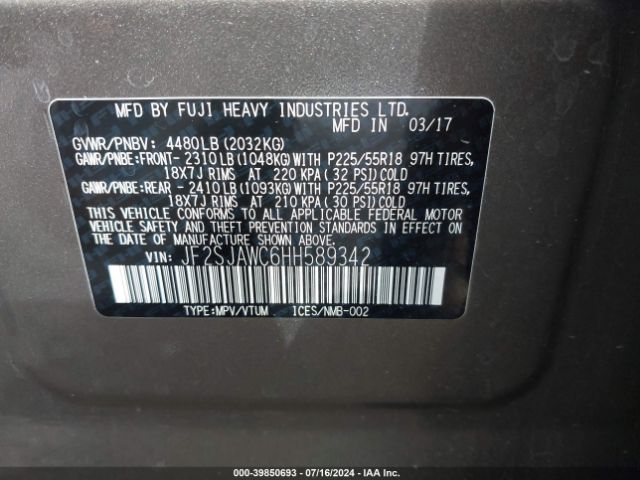 JF2SJAWC6HH589342 Subaru Forester 2.5i Touring
