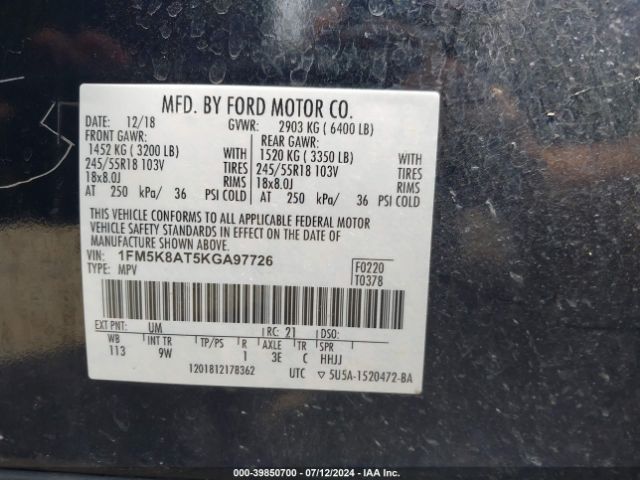 1FM5K8AT5KGA97726 Ford Police Interceptor Utility