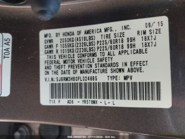 5J6RM3H90FL024865 Honda Cr-v Touring