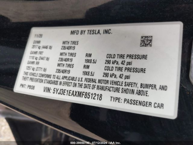 5YJ3E1EAXMF851218 Tesla Model 3 Standard Range Plus Rear-wheel Drive