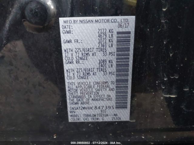 5N1AT2MV4HC847395 Nissan ROGUE SV