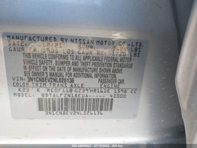 3N1CN8EV2NL826136 Nissan Versa 1.6 Sv Xtronic Cvt