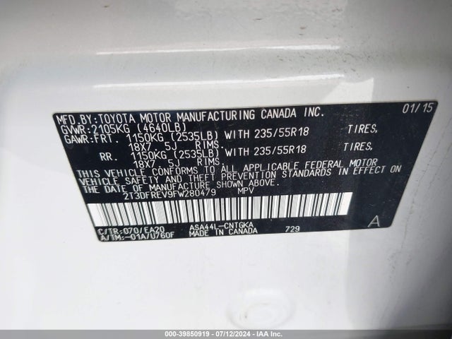 Toyota Rav4 Limited 2015 2T3DFREV9FW280479 Image 9