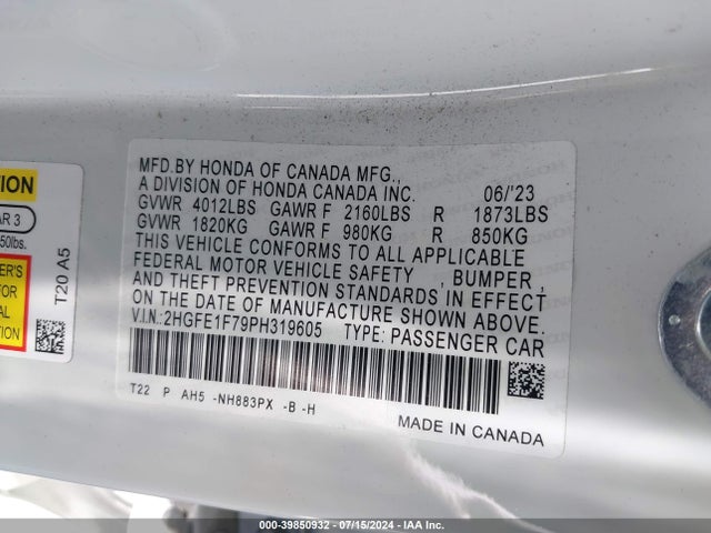 Honda Civic Ex /ex W/o Bsi 2023 2HGFE1F79PH319605 Image 9