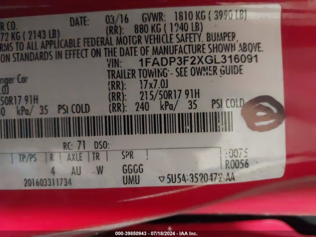 Ford FOCUS SE 2016 1FADP3F2XGL316091 Image 9