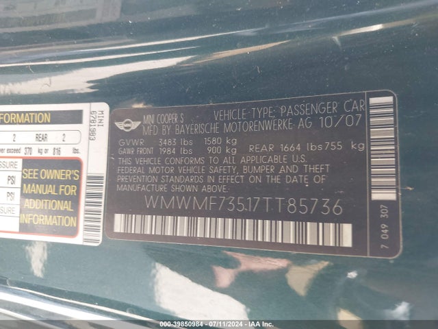 2007 MINI COOPER S WMWMF73517TT85736 Photo 8
