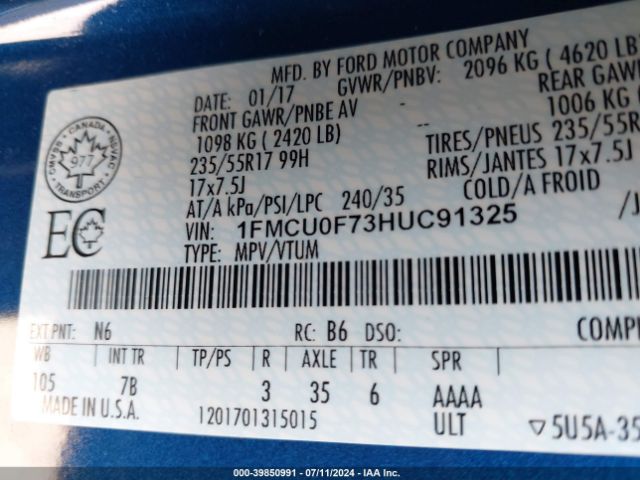 1FMCU0F73HUC91325 Ford ESCAPE S