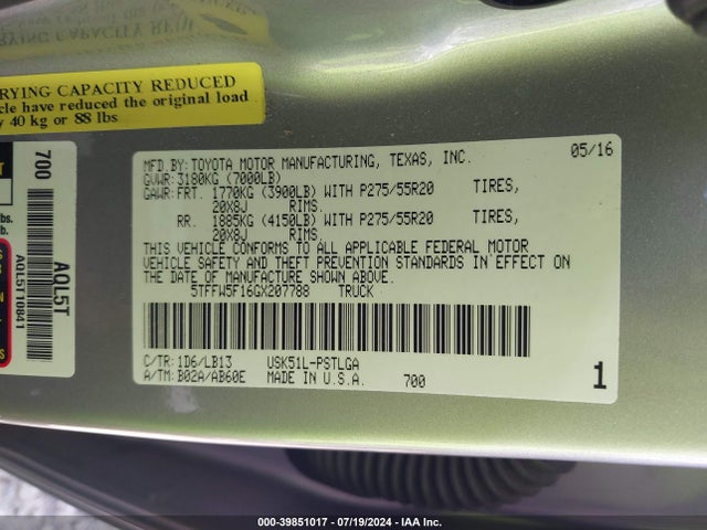 5TFFW5F16GX207788 Toyota Tundra Limited 5.7l V8