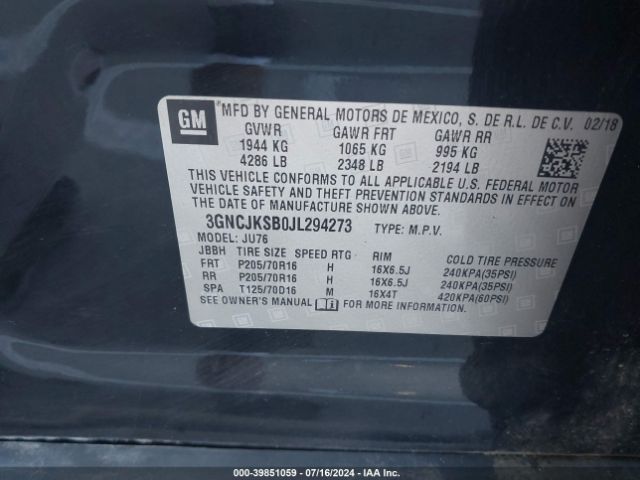 3GNCJKSB0JL294273 Chevrolet TRAX LS