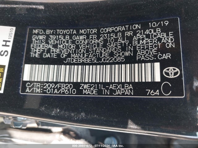 Toyota Corolla Hybrid Le 2020 JTDEBRBE5LJ022085 Image 9