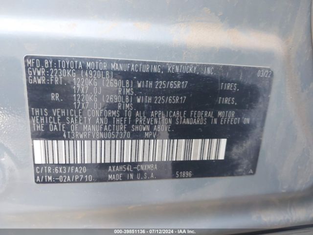 4T3RWRFV8NU057370 Toyota Rav4 Hybrid Xle