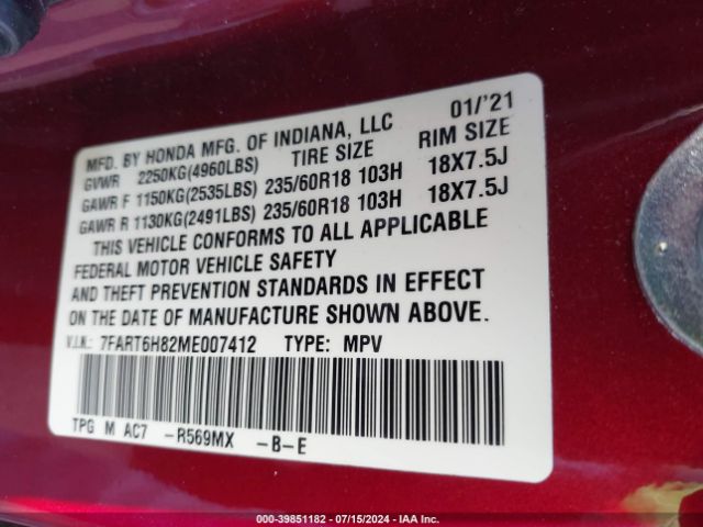 7FART6H82ME007412 Honda Cr-v Hybrid Ex-l