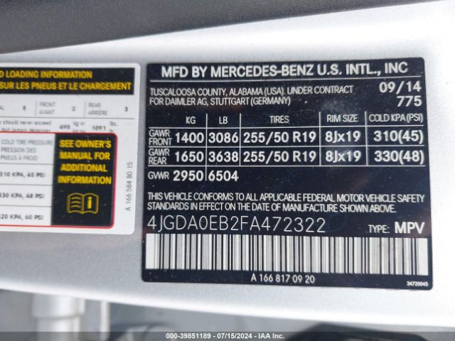 4JGDA0EB2FA472322 Mercedes-Benz Ml 250 Bluetec 4matic