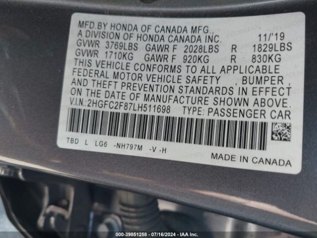 2HGFC2F87LH511698 Honda Civic Sport