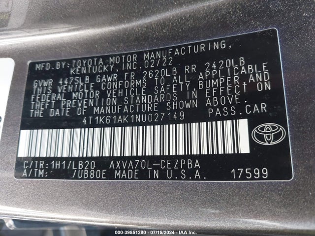 Toyota CAMRY XSE 2022 4T1K61AK1NU027149 Image 9