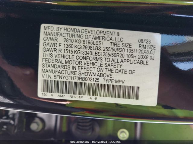 5FNYG1H70RB002125 Honda Pilot Awd Touring
