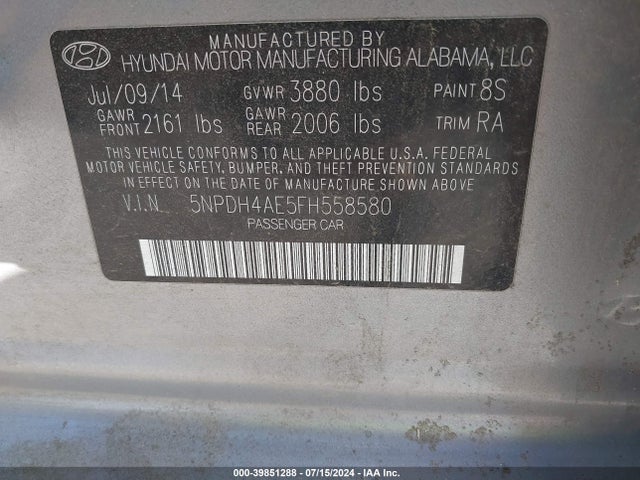 Hyundai ELANTRA SE 2015 5NPDH4AE5FH558580 Image 9
