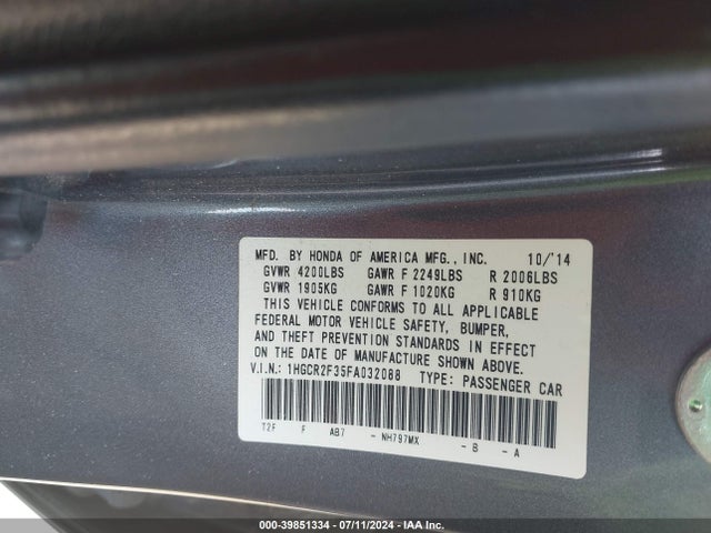 Honda ACCORD LX 2015 1HGCR2F35FA032088 Image 9
