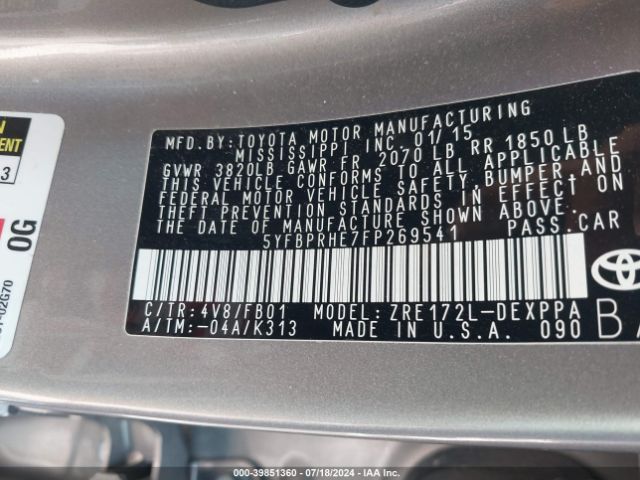 5YFBPRHE7FP269541 Toyota Corolla Le Eco Plus