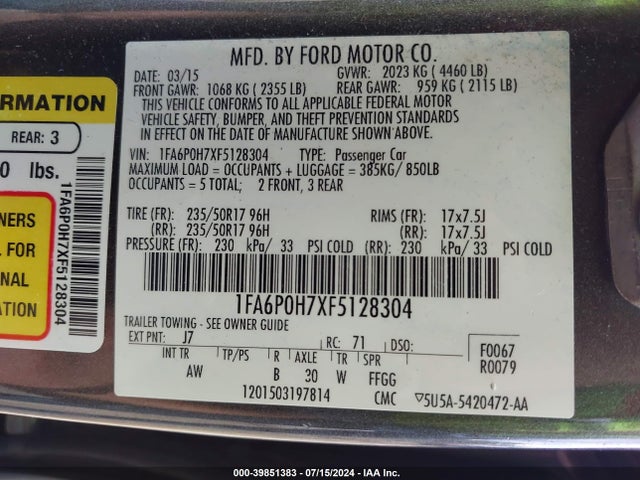 Ford FUSION SE 2015 1FA6P0H7XF5128304 Image 9
