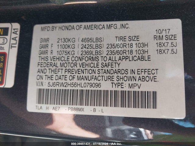 Honda CR-V EX 2017 5J6RW2H56HL079096 Image 9